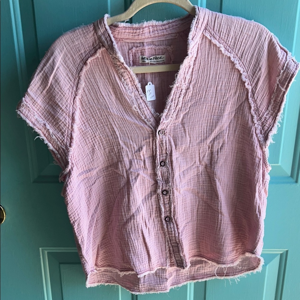 We The Free Washed Pink Button-Front Short Sleeve Top
